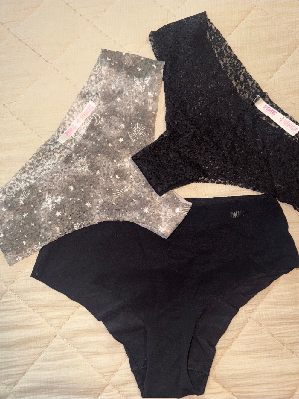 PINK Victoria's Secret Black and Gray Lace & Printed Hipster Panty Trio
